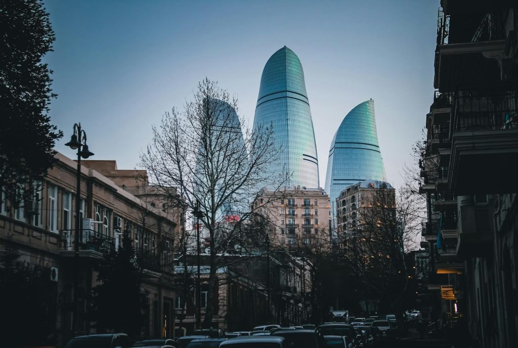 Flame Towers behind Street in Baku