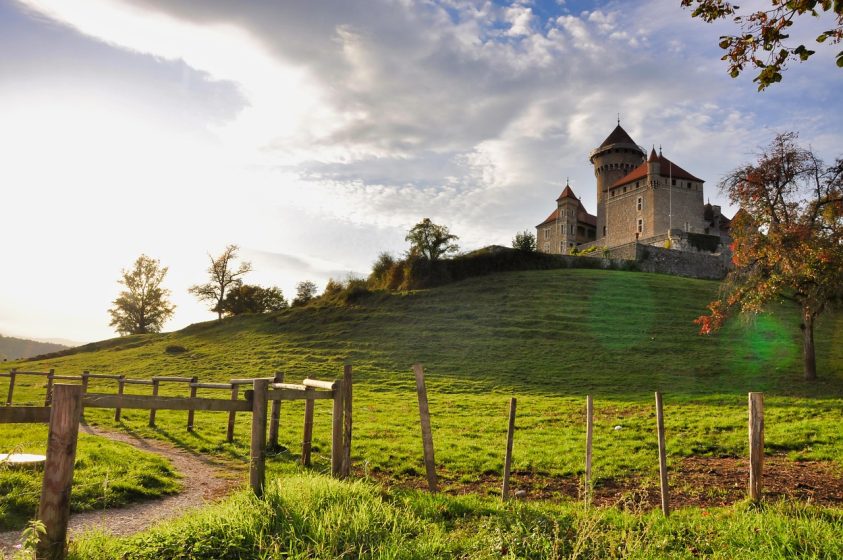 chateau, haute-savoie, fields, landscape, nature, sky